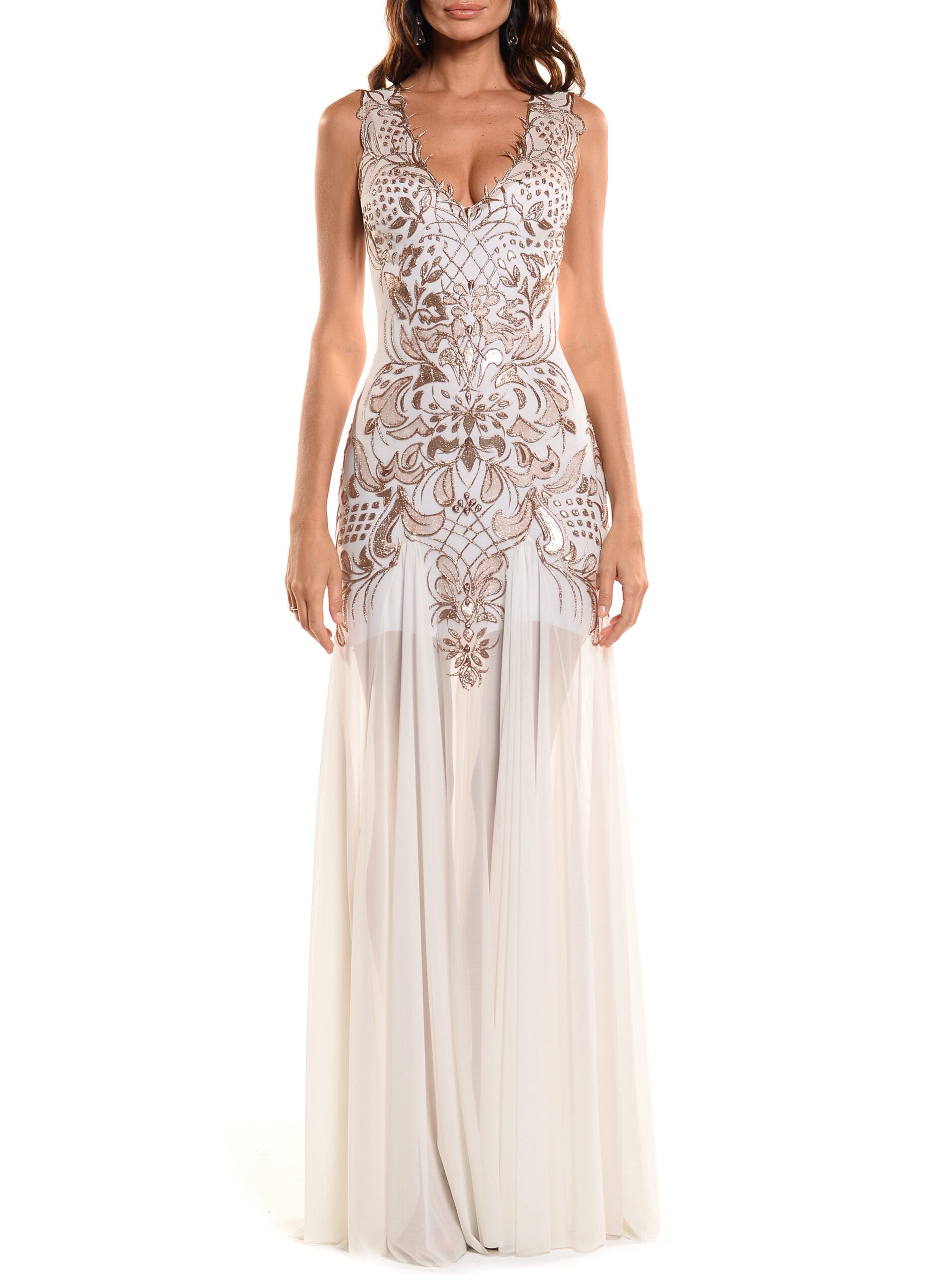Floor Length Double V-Neck Gown With Godet Skirt