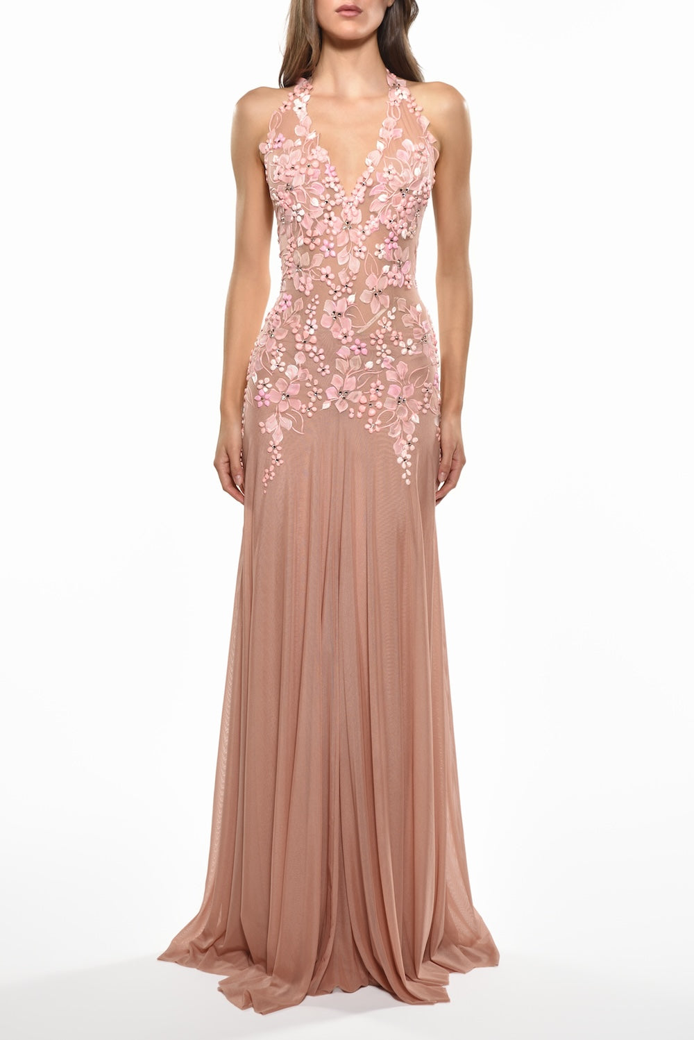 Floor Length Halter Double Tie Back