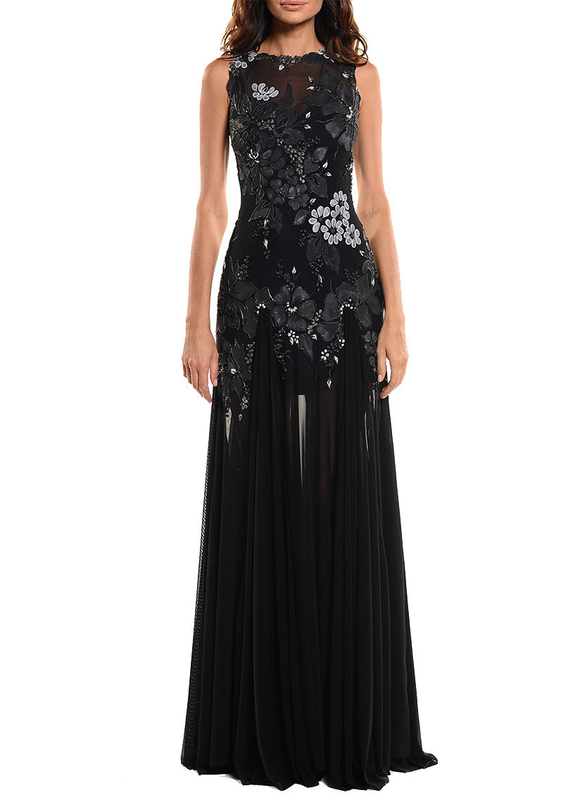 Floor Length Jewel Neck Gown With Godet Skirt