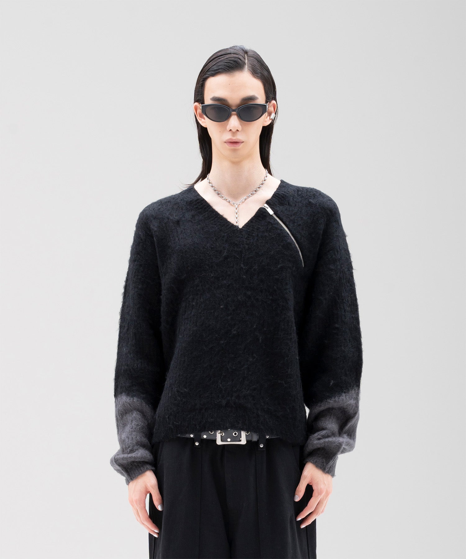Zip Shaggy V-neck Knit