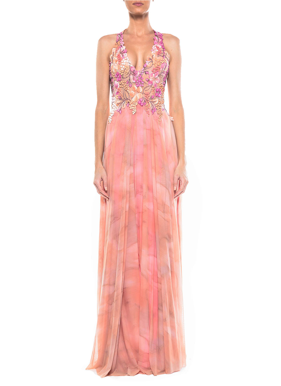 Floor Length Deep V Neck Cross Back Gown