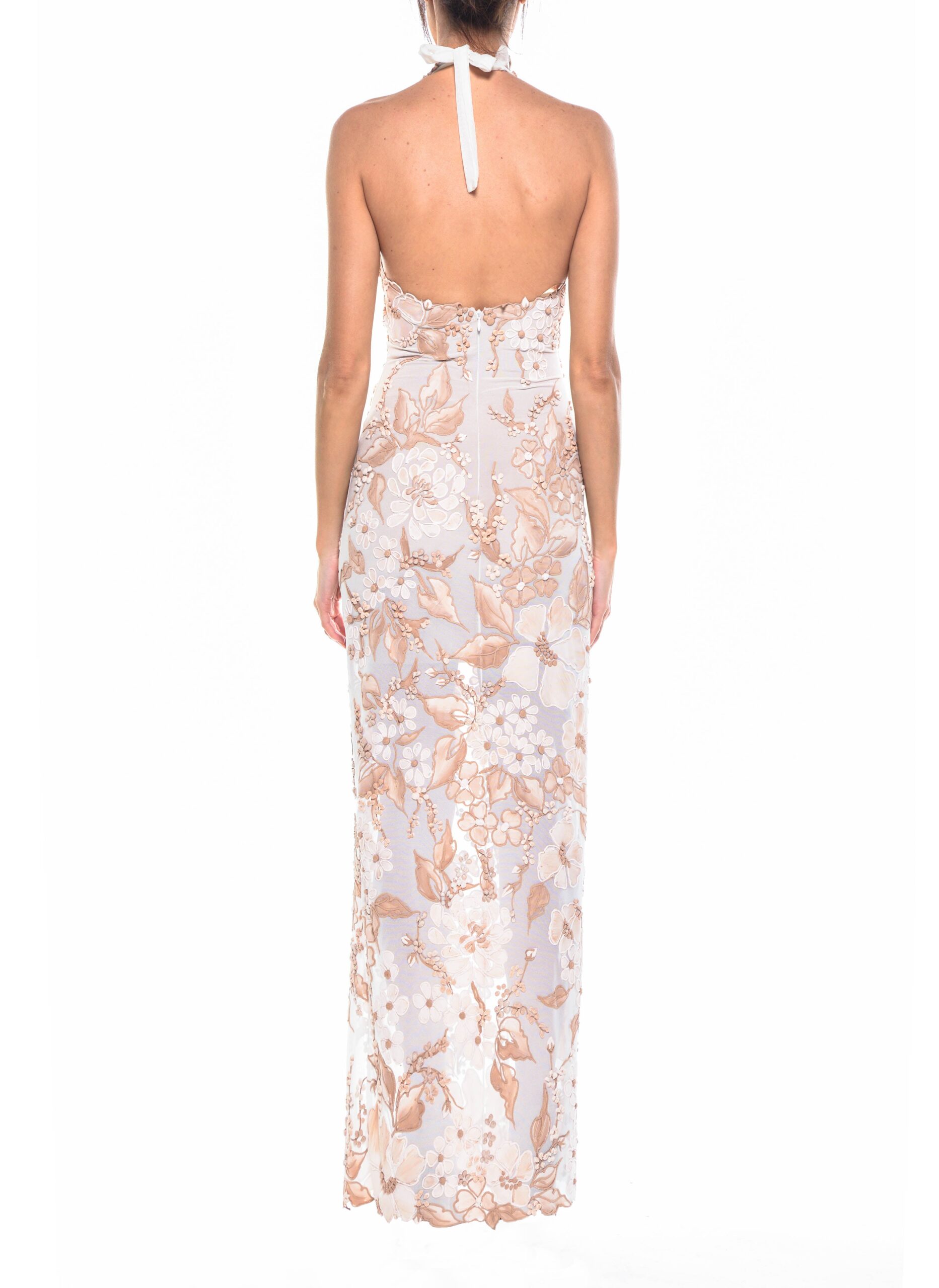 Floor Length Halter Tie Back Princess Slit Gown 3